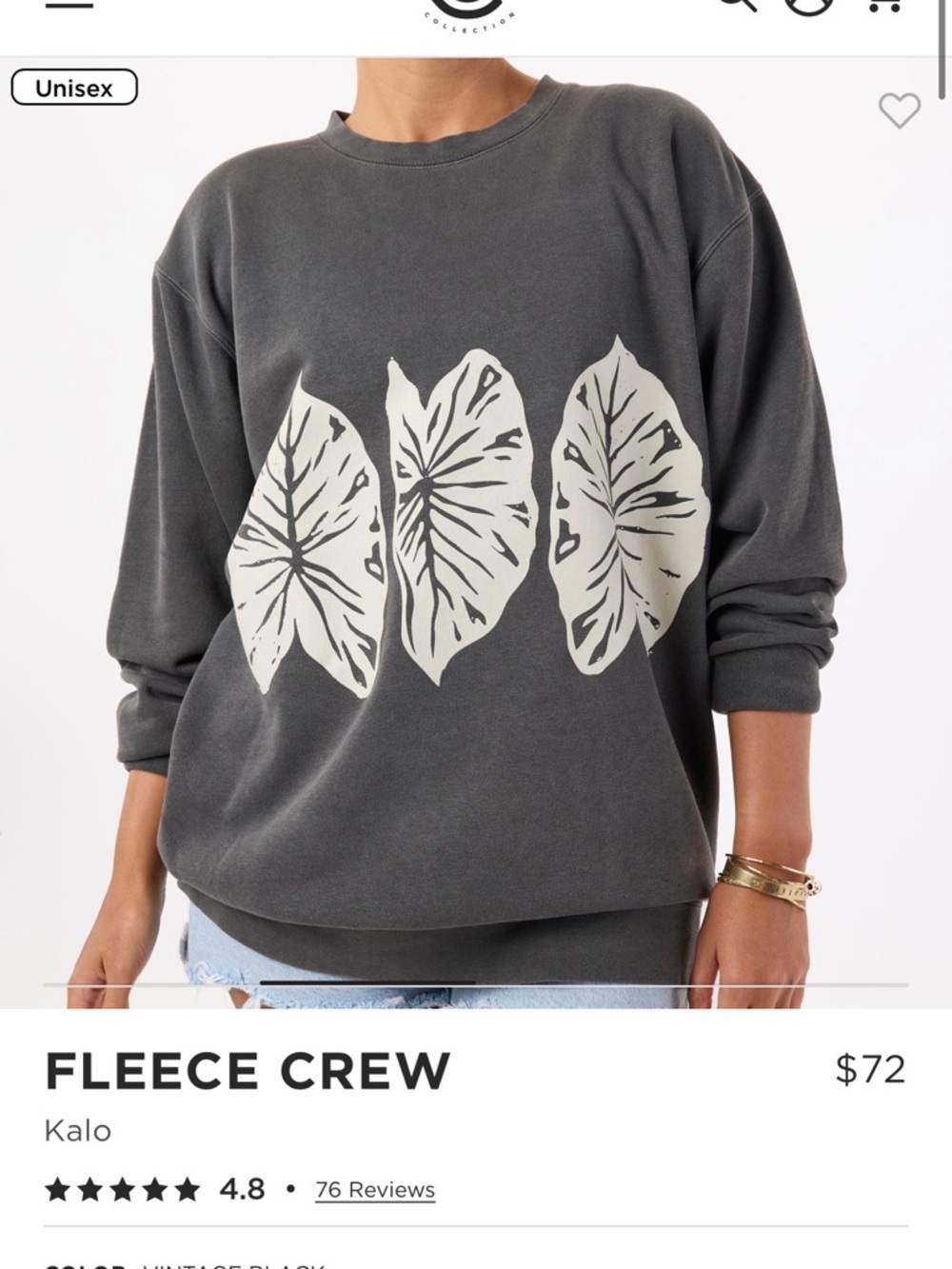ALOHA Collection Women's Charcoal Fleece Crew Sweatshirt with Cream Kalo Print L